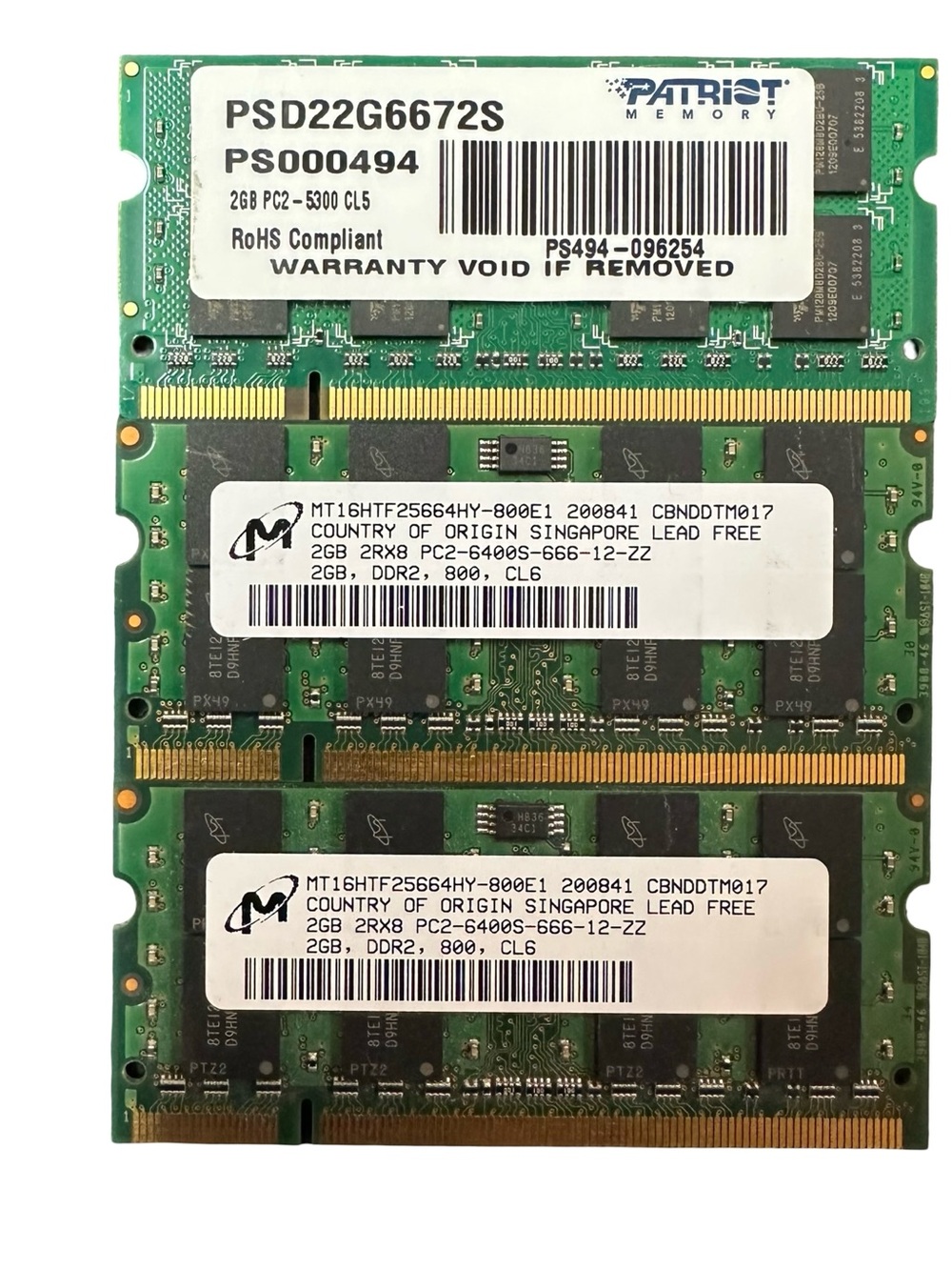 6GB DDR2 Laptop RAM — 2x 2GB Micron + 2GB Patriot